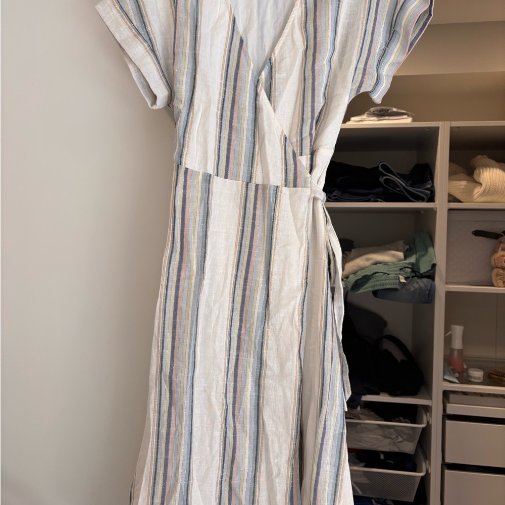 Striped  Wrap Dress in Cream and Blue